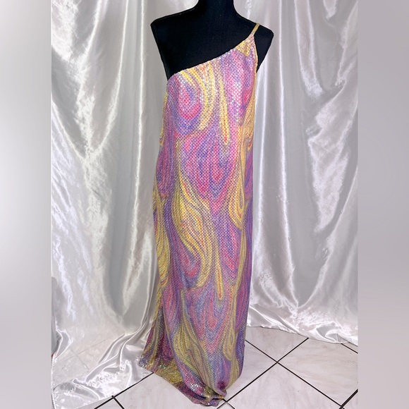 Asymmetrical Pink+Yellow Swirl One Shoulder Disco-Inspired Prom/Party Maxi Dress - Picture 1 of 8